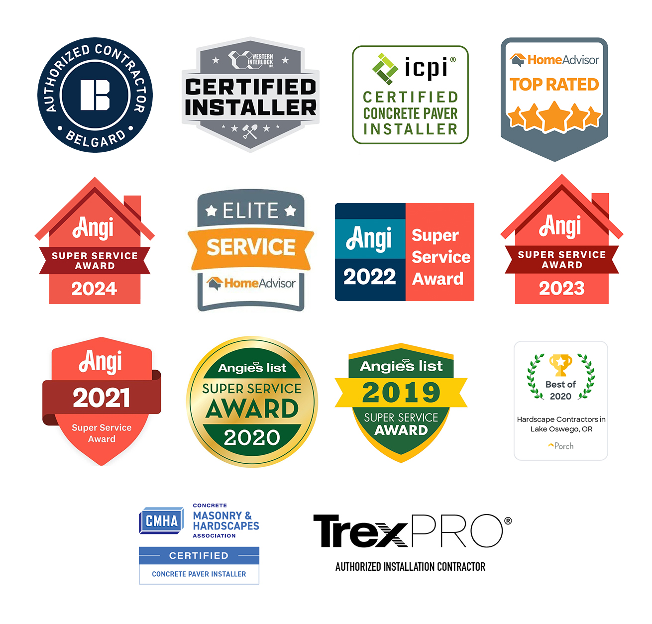 Oregon Retaining Walls credentials — Belgard Authorized Contractor, Western Paver Design Certified Installer, ICPI Certified Installer, HomeAdvisor Top Rated, Angi Super Service Awards, CMHA Certified, and TrexPRO